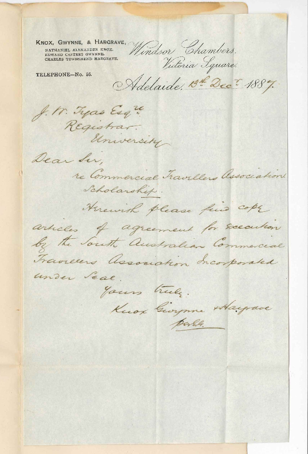 Knox Gwynne and Hargrave - Victoria Square Adelaide - Articles of Agreement between University and South Australian Commercial Travellers Association