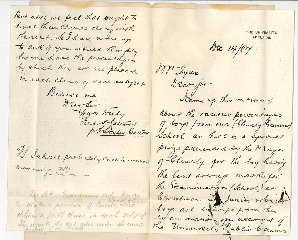 Frederick S Caterer - Glenelg - Percentages of Marks at Examinations