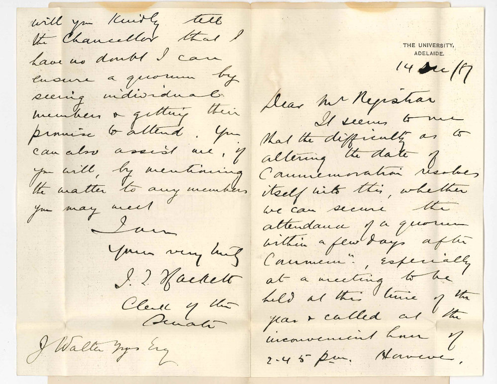 James Thomspon Hackett - King William Street Adelaide - Date of Commemoration and Special Meeting of Senate