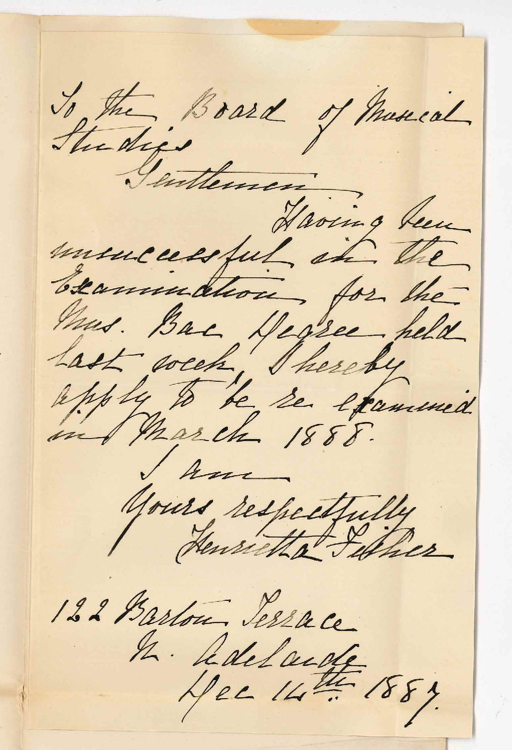 Mrs Henrietta Fisher - North Adelaide - Supplementary Music Examination March 1888