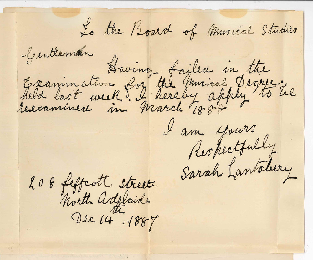 Mrs Sarah Lantsbery - North Adelaide - Supplementary Music Examination March 1888