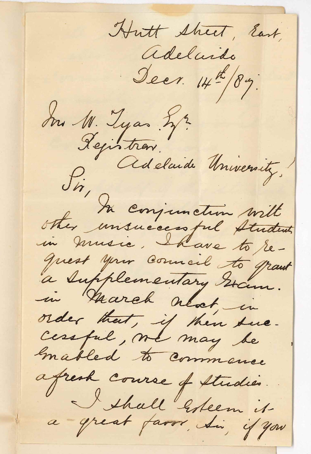 Jeffrey Bruer - Hutt Street Adelaide - Supplementary Music Examination March 1888
