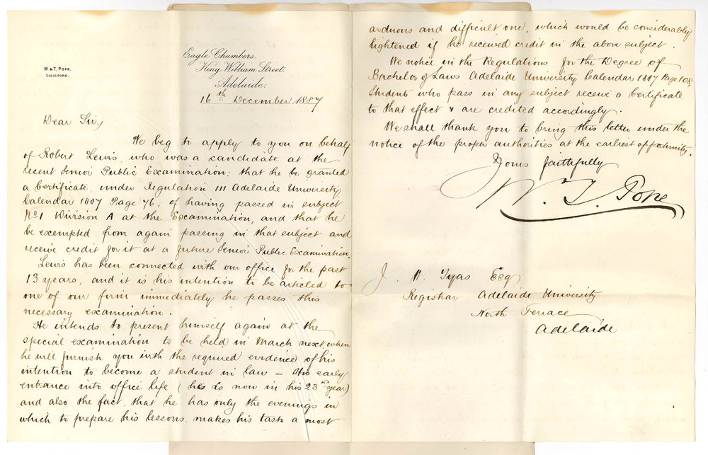 Messrs W &amp; T Pope - King William Street Adelaide - Concerning the Case of Robert Lewis and the Senior Public Examination
