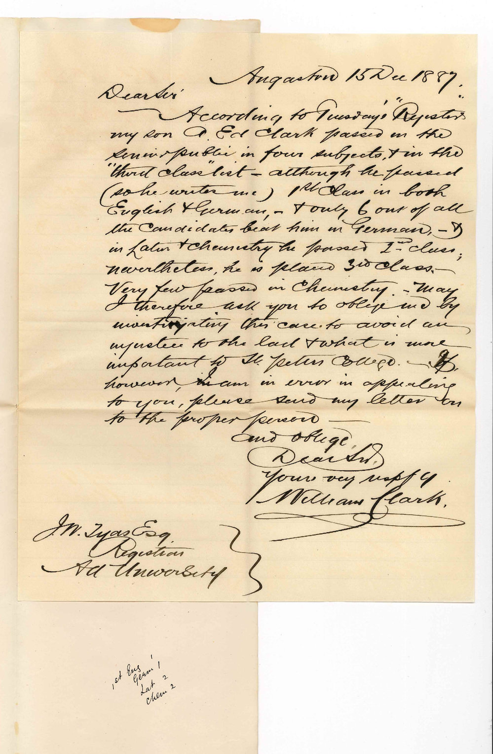 William Clark - Angaston - Concerning Senior Public Examination and the Class list