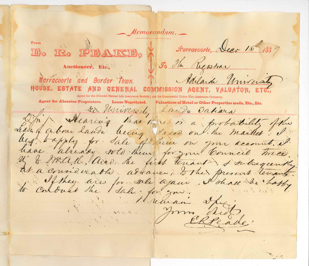 E R Peake - Naracoorte - Concerning Sale of Leased University Land at Tatiara