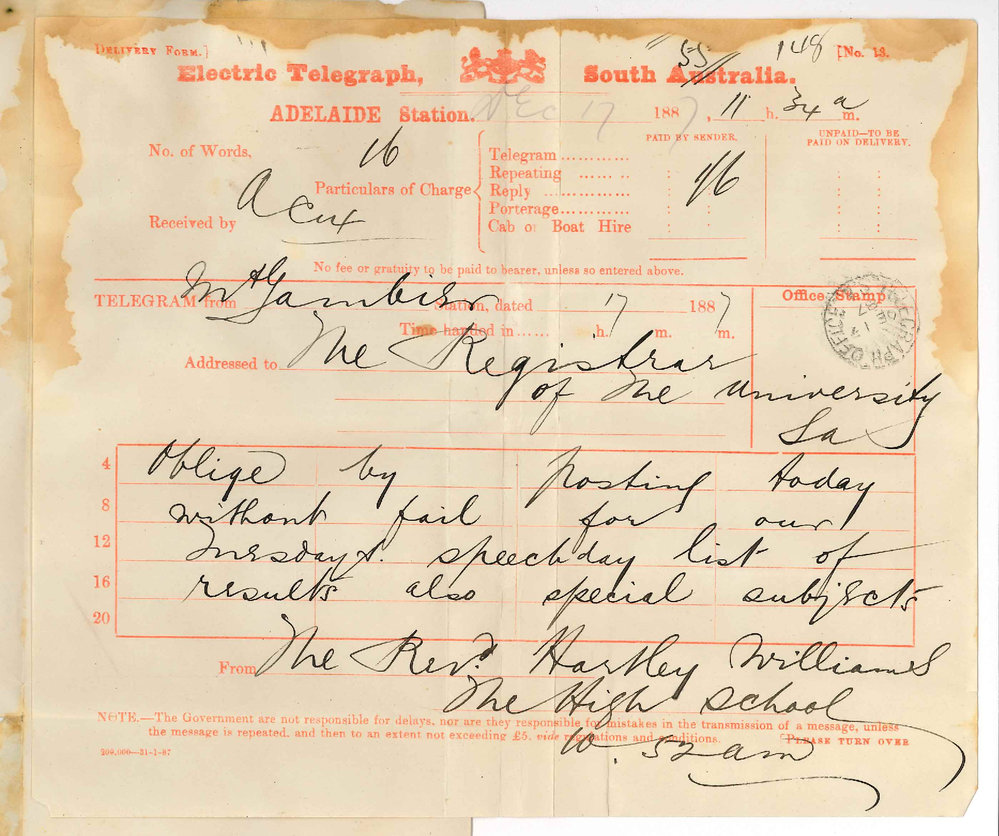 Reverend Hartley Williams - Mount Gambier - Returns for Junior and Senior Examinations