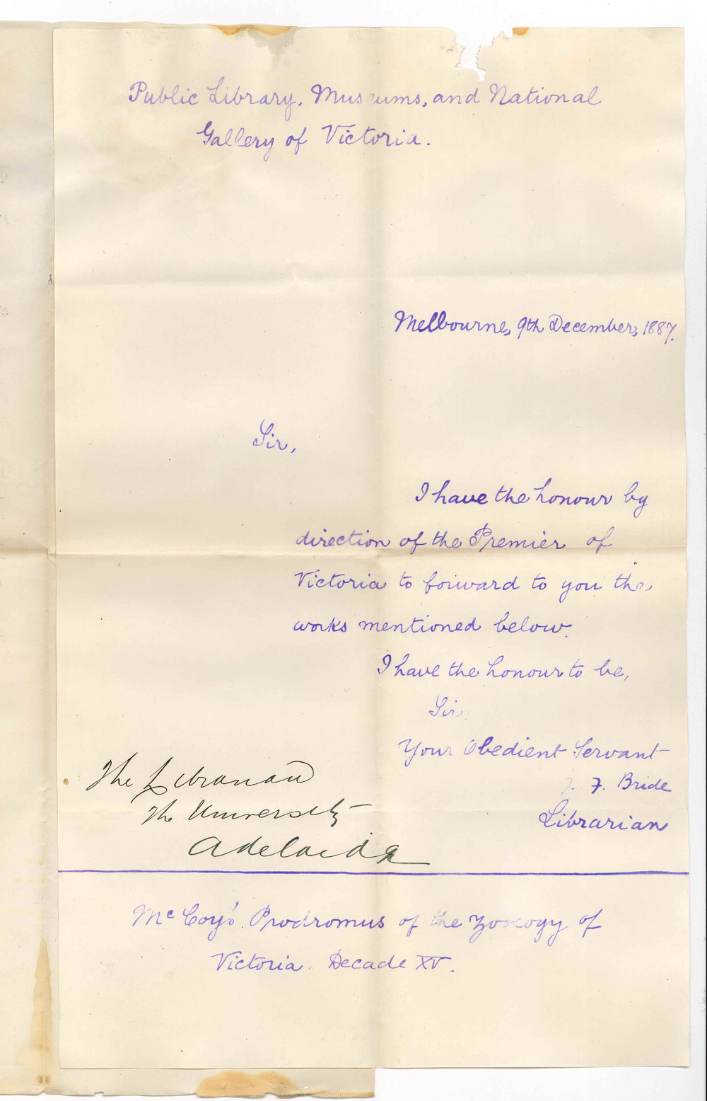 Thomas Francis Bride - Public Library Museums and National Gallery of Victoria - Melbourne - McCoy's Prodromus of the Zoology of Victoria for Library