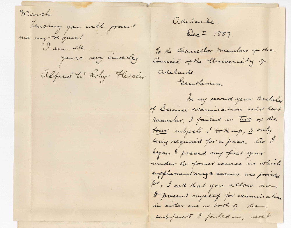 Alfred W Roby Fletcher - Adelaide - Asking for a Supplementary BSc Examination in March 1888