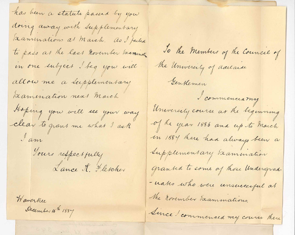 Lance K Fletcher - Kent Town - Asking for Supplementary BA Examination in March 1888