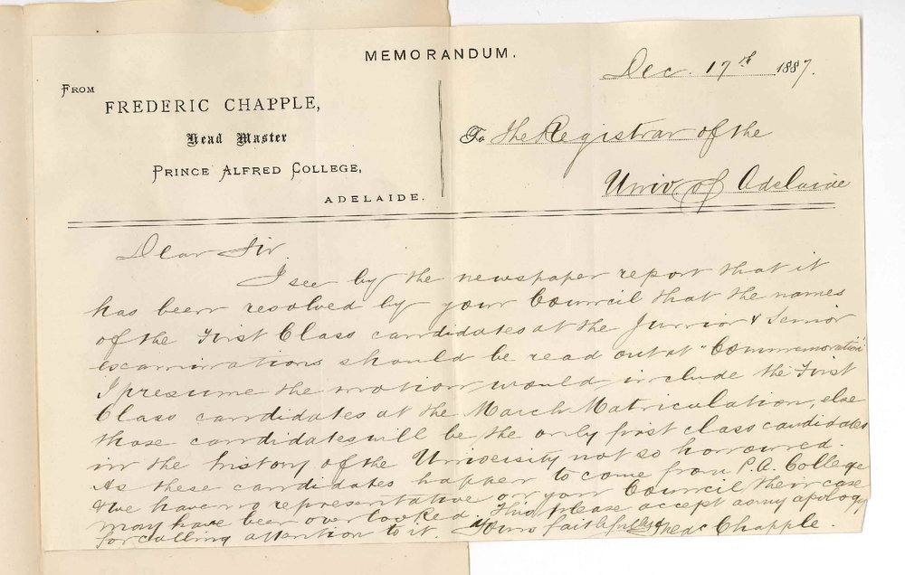 Frederic Chapple - Head Master - Prince Alfred College - Commemoration and First Class Senior Public