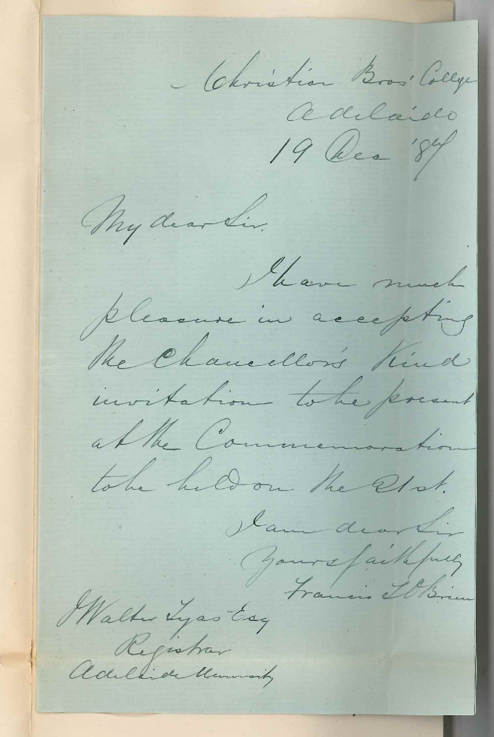 Reverend Father Francis L O'Brien - Christian Brothers College - Coming to Commemoration