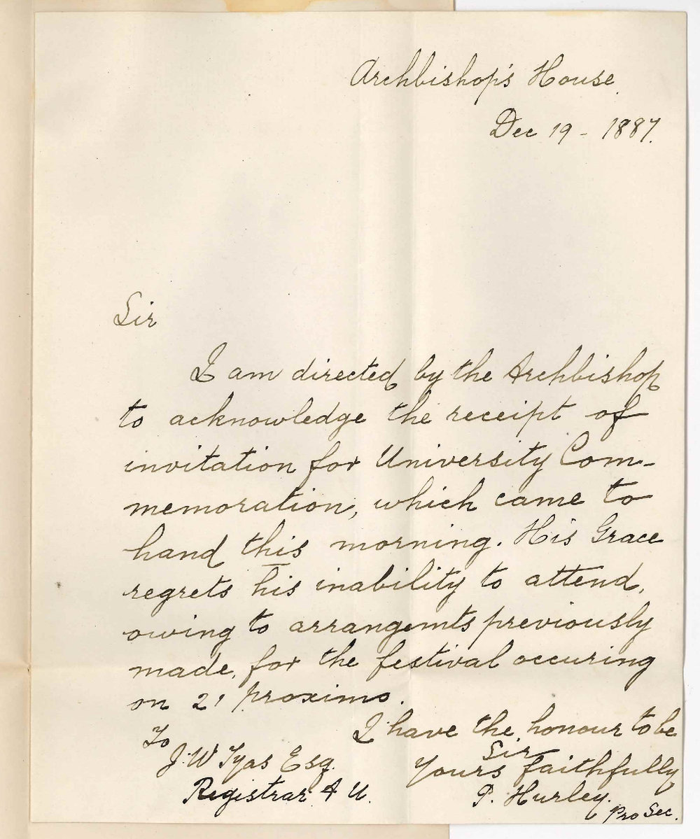 P Hurley - Archbishop Reynolds Secretary - West Terrace - Unable to Attend Commemoration