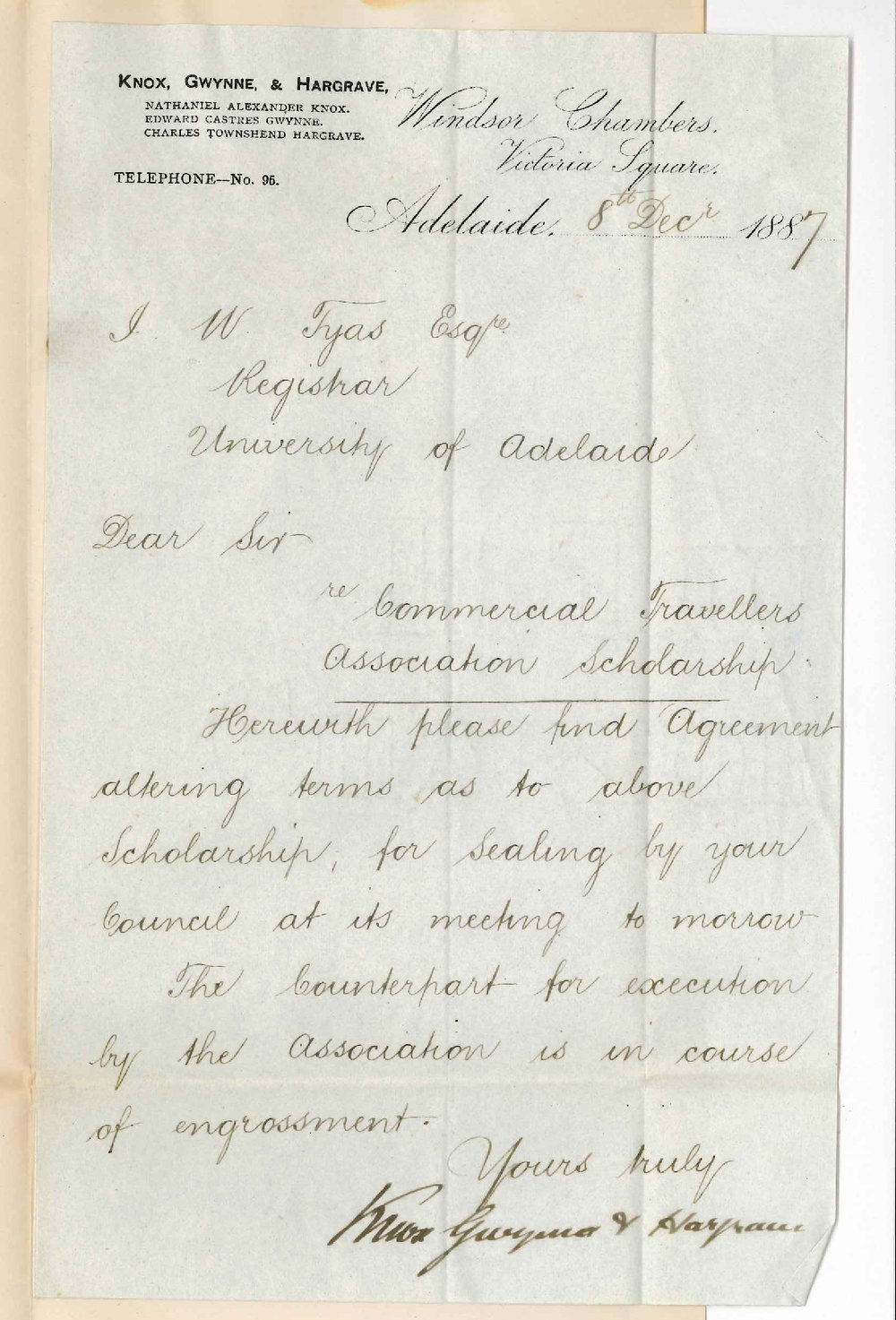 Knox Gwynne and Hargrave - Victoria Square Adelaide - Forwarding for Sealing Articles of Agreement between South Australian Commercial Travellers and the University