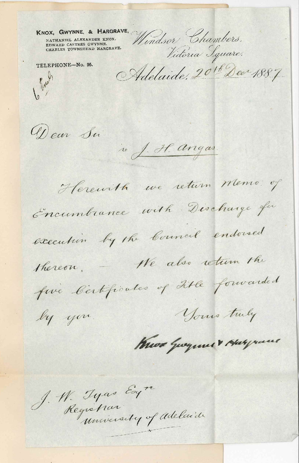 Knox Gwynne and Hargrave - Victoria Square Adelaide - Discharge of Encumbrance J H Angas and the University
