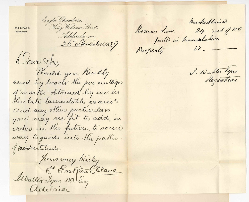 Edward Erskine Cleland - King William Street Adelaide - Marks at LLB Examination