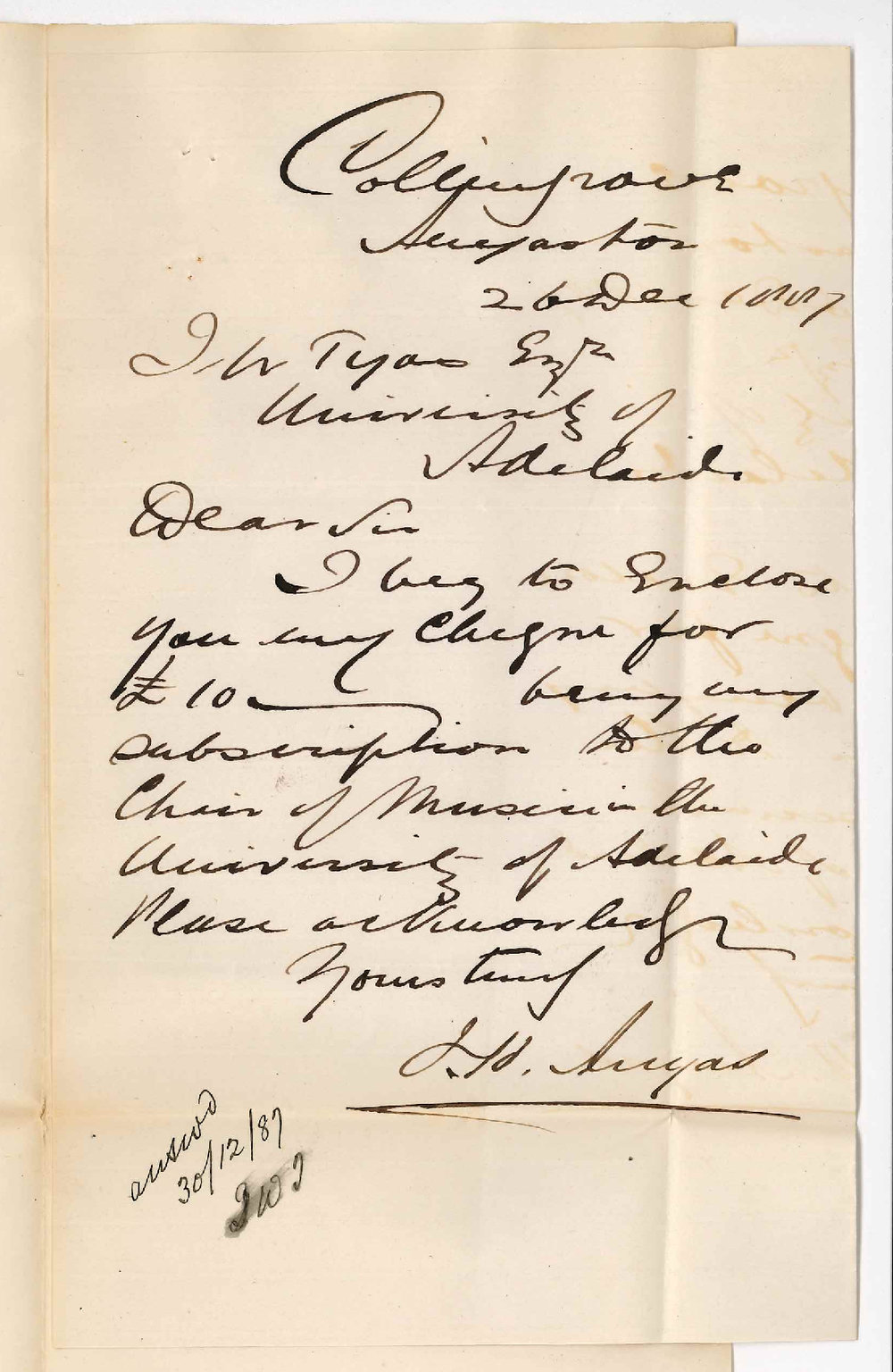 John Howard Angas - Collingrove Angaston - Subscription to Chair of Music for 1888