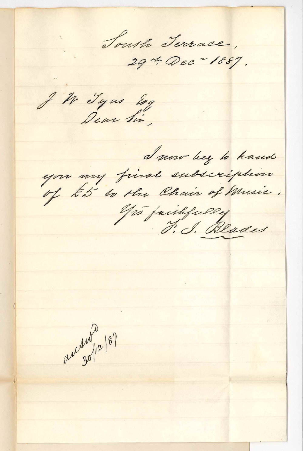 Frederick James Blades - South Terrace Adelaide - Subscription to Chair of Music for 1888