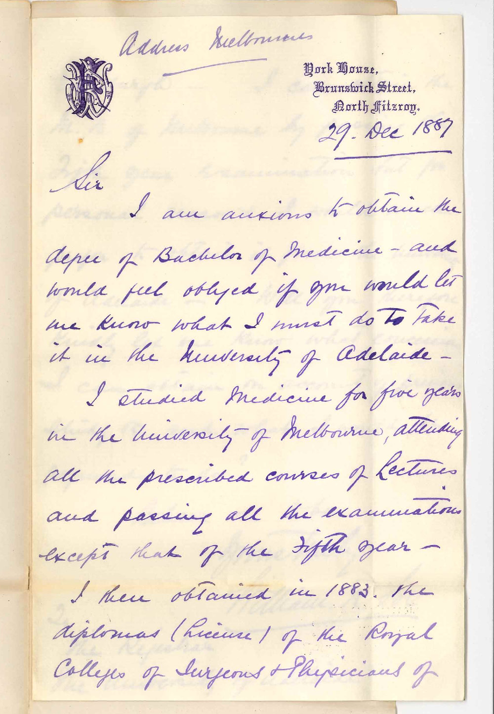 William R Fox - North Fitzroy Victoria - Concerning the MB Course