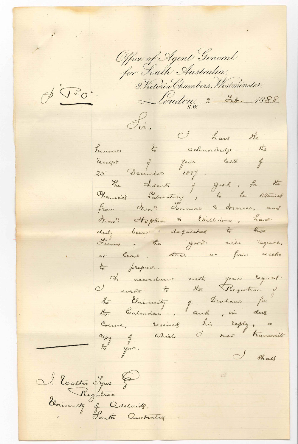 Arthur Blyth - Office of the Agent General for South Australia - London - Order of Goods for Chemical Laboratory