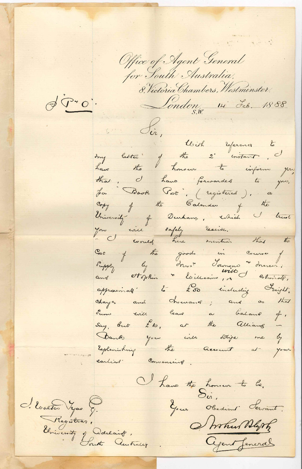 Arthur Blyth - Office of the Agent General for South Australia - London - Durham Calendar Chemical Apparatus Balance at Alliance Bank