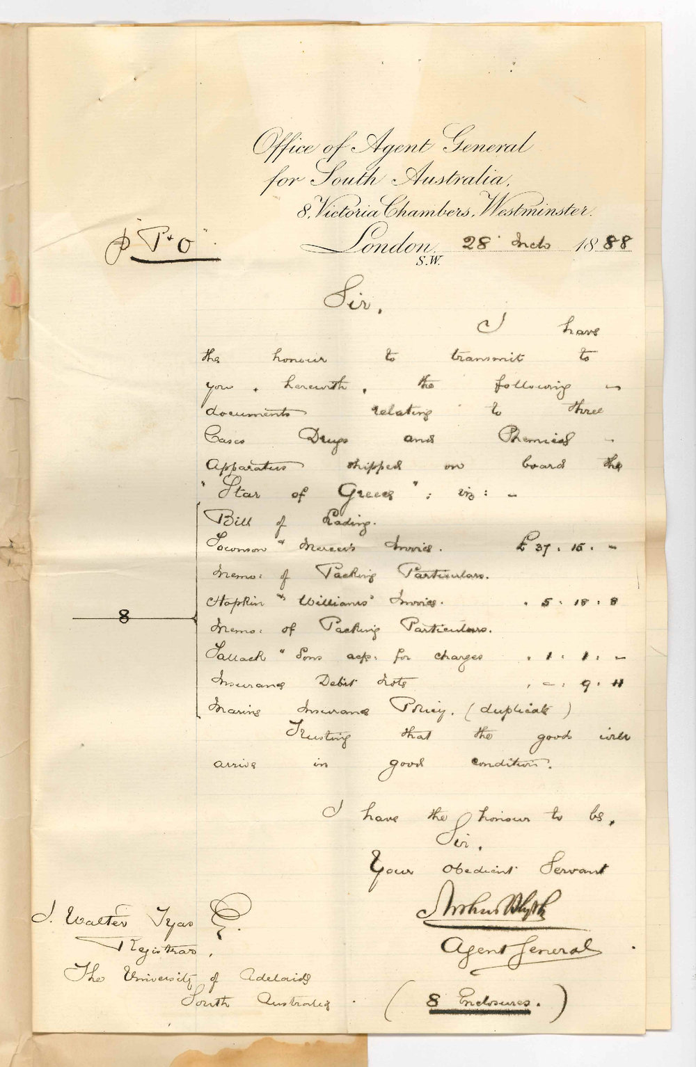 Arthur Blyth - Office of the Agent General for South Australia - London - Shipment of Chemical Apparatus etc by Star of Greece