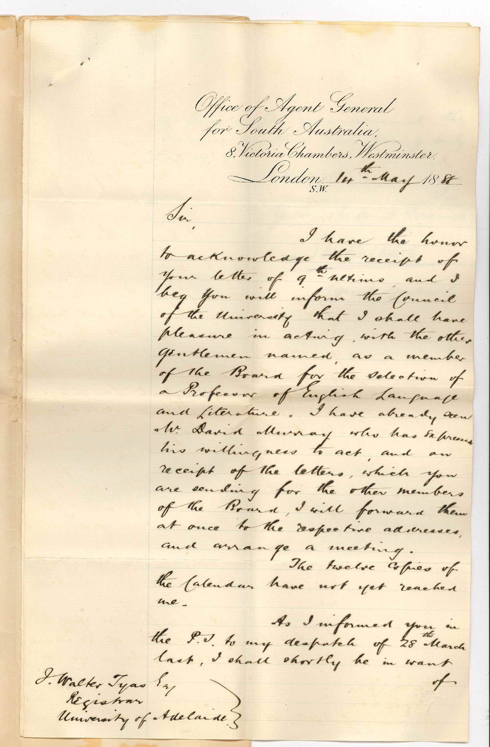 Arthur Blyth - Office of the Agent General for South Australia - London - Receipt of Letter Concerning Appointment of Hughes Professor of English