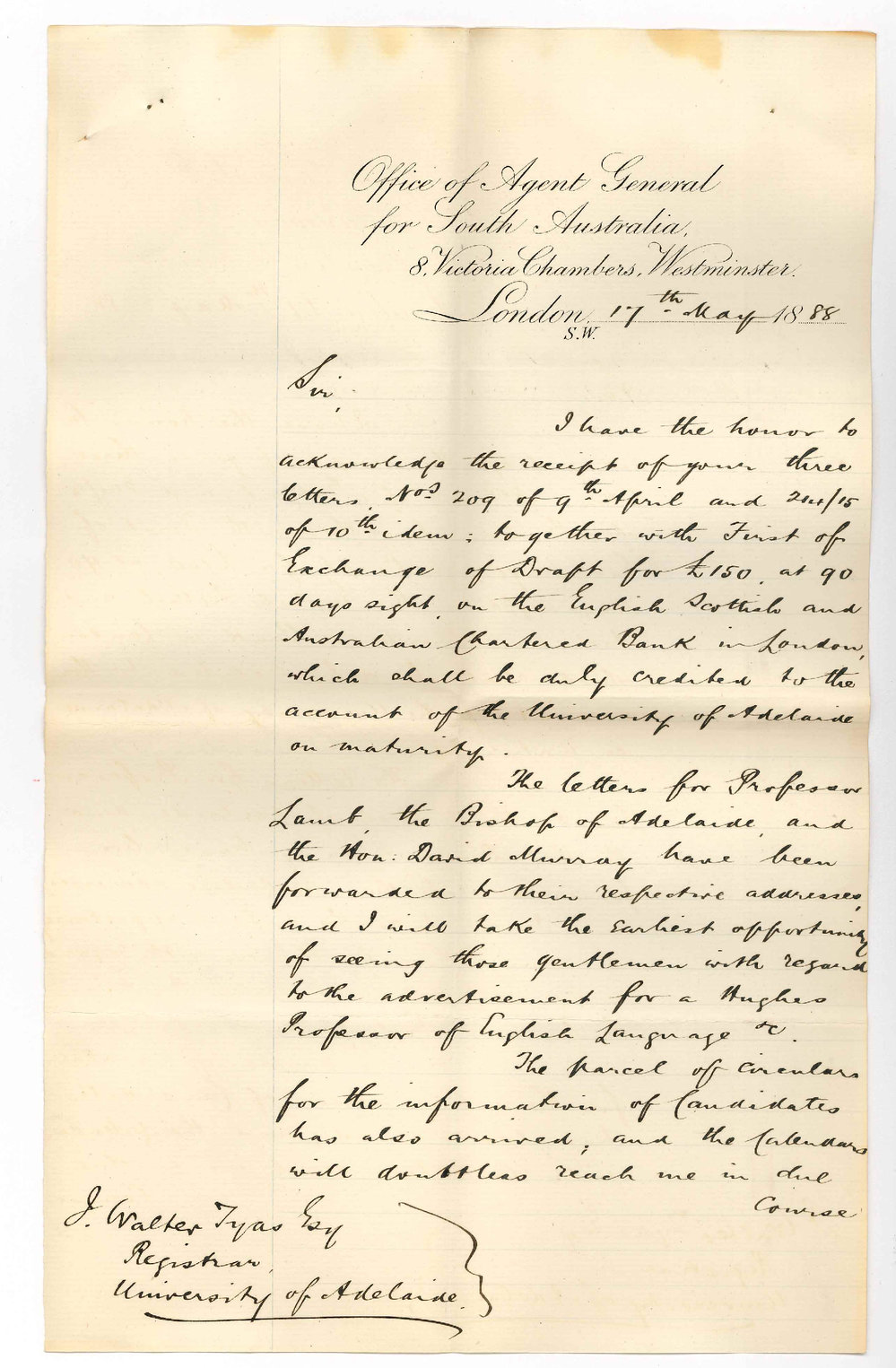 Arthur Blyth - Office of the Agent General for South Australia - London - Receipt of Draft for &pound;150