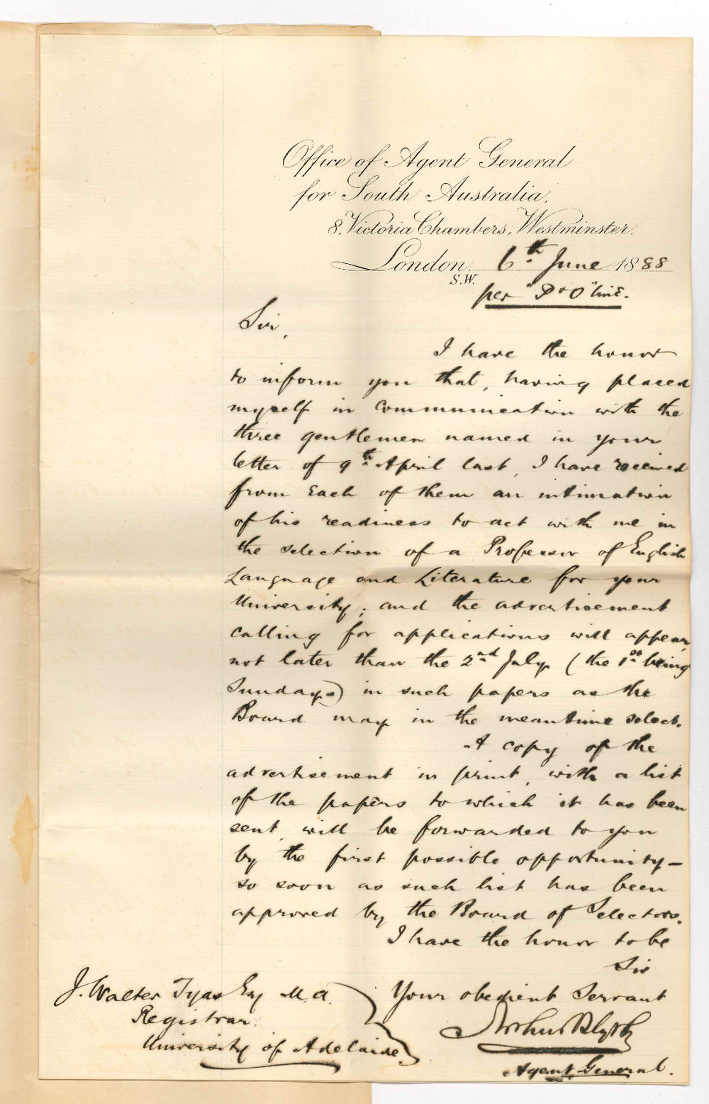 Arthur Blyth - Office of the Agent General for South Australia - London - Board of Selection Professor of English Language etc