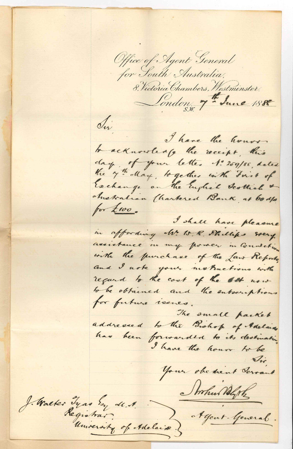 Arthur Blyth - Office of the Agent General for South Australia - London - Receipt of Draft for &pound;100 for Law Reports