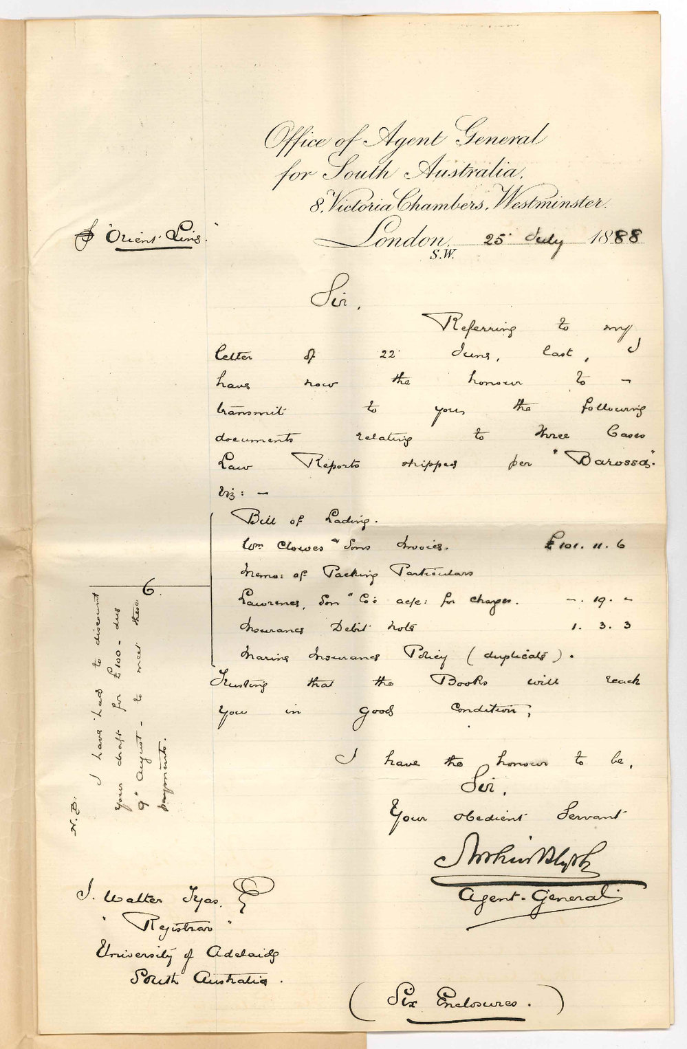 Arthur Blyth - Office of the Agent General for South Australia - London - Forwarding Law Reports