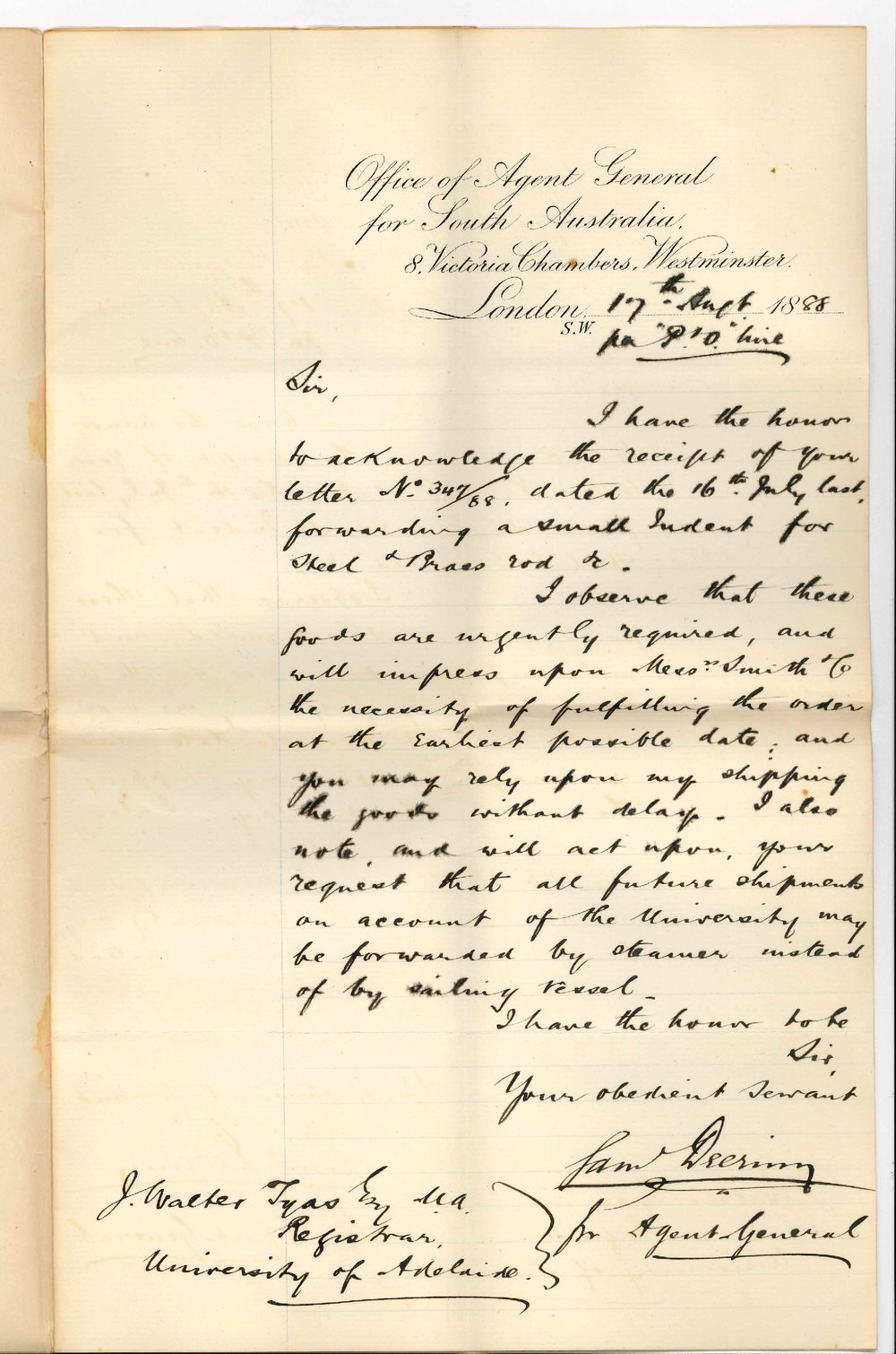 Samuel Deering - Office of the Agent General for South Australia - London - Indent Received for Goods for Professor Bragg - Will Send Goods by Steamer in Future