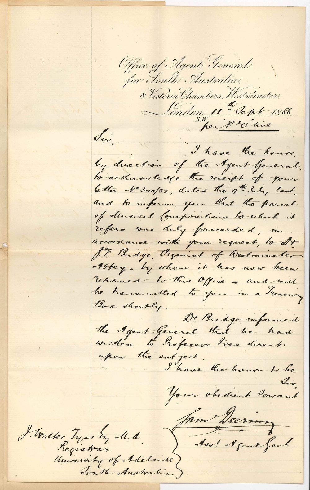 Samuel Deering - Office of the Agent General for South Australia - London - Forwarding Musical Compositions