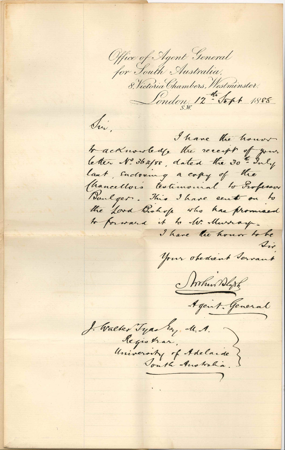 Arthur Blyth - Office of the Agent General for South Australia - London - Chancellors Testimonial to Professor Boulger