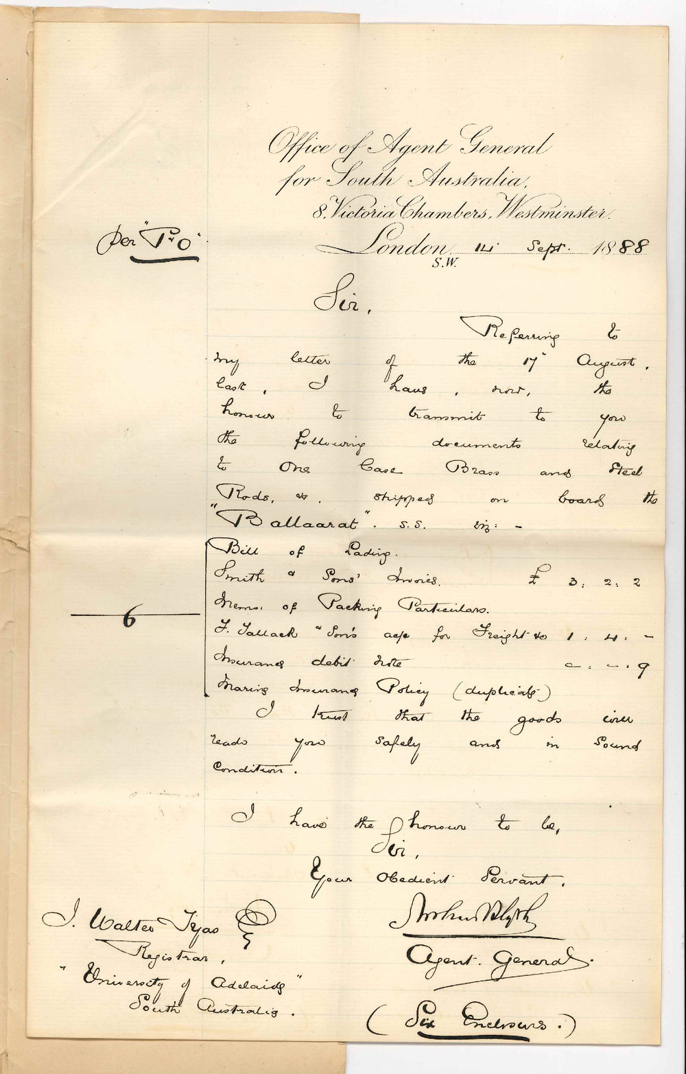 Arthur Blyth - Office of the Agent General for South Australia - London - Brass Rods etc for Physical Laboratory
