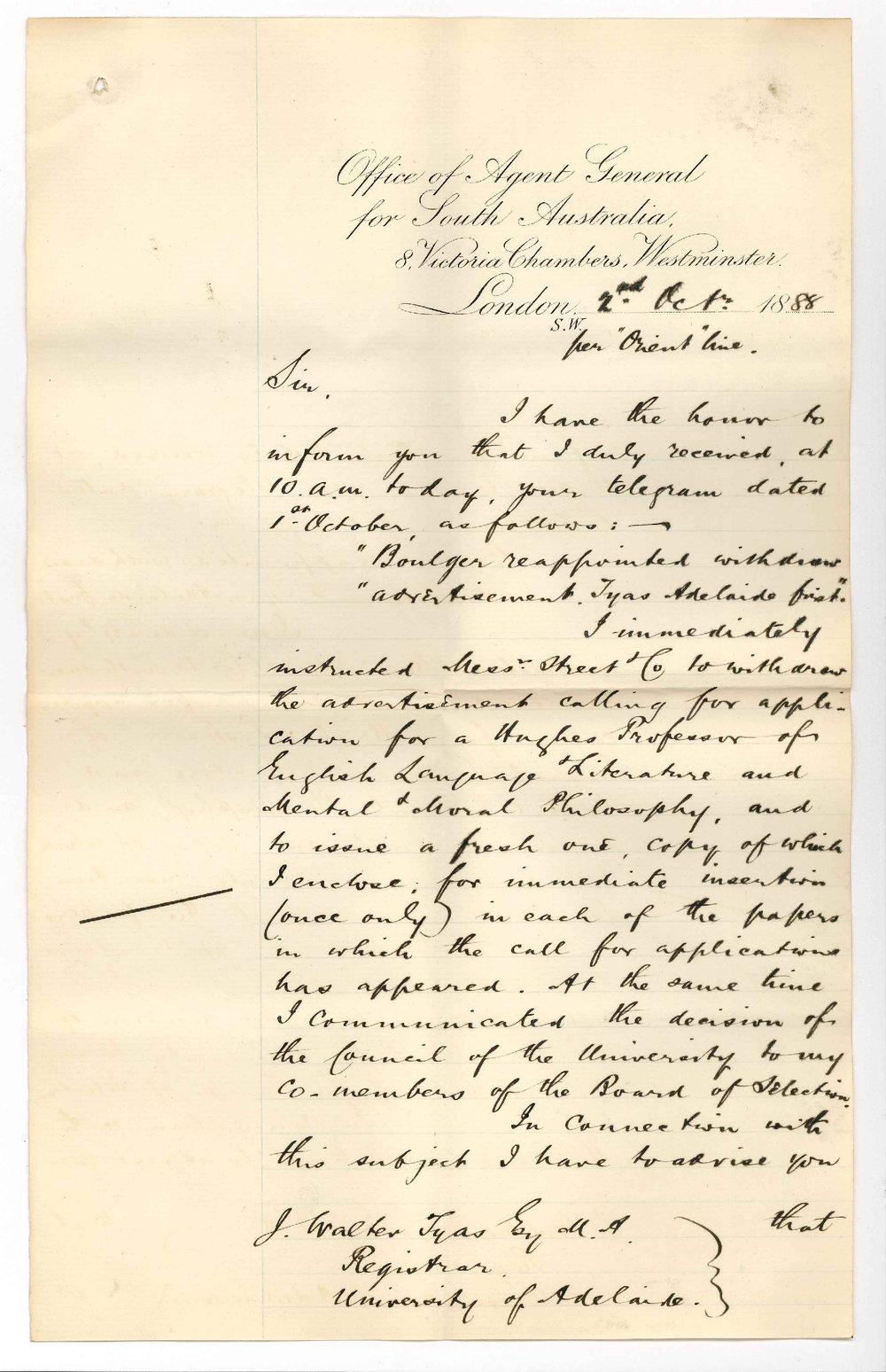 Arthur Blyth - Office of the Agent General for South Australia - London - Hughes Chair of English Language and Literature