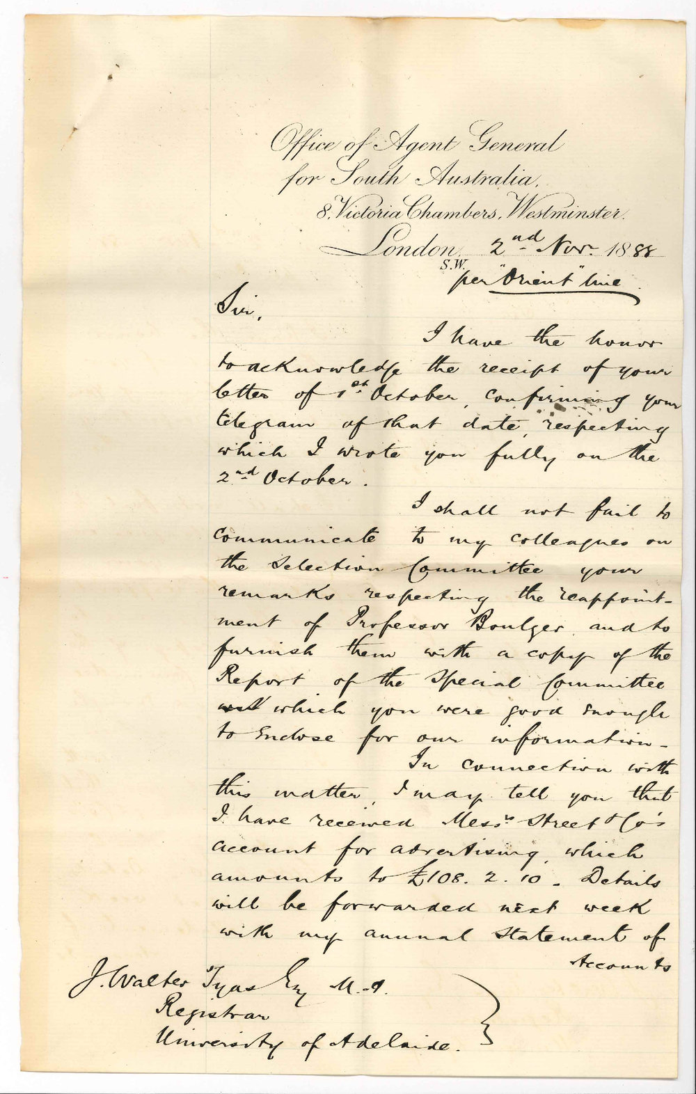 Arthur Blyth - Office of the Agent General for South Australia - London - Concerning English Chair Cost of Advertising