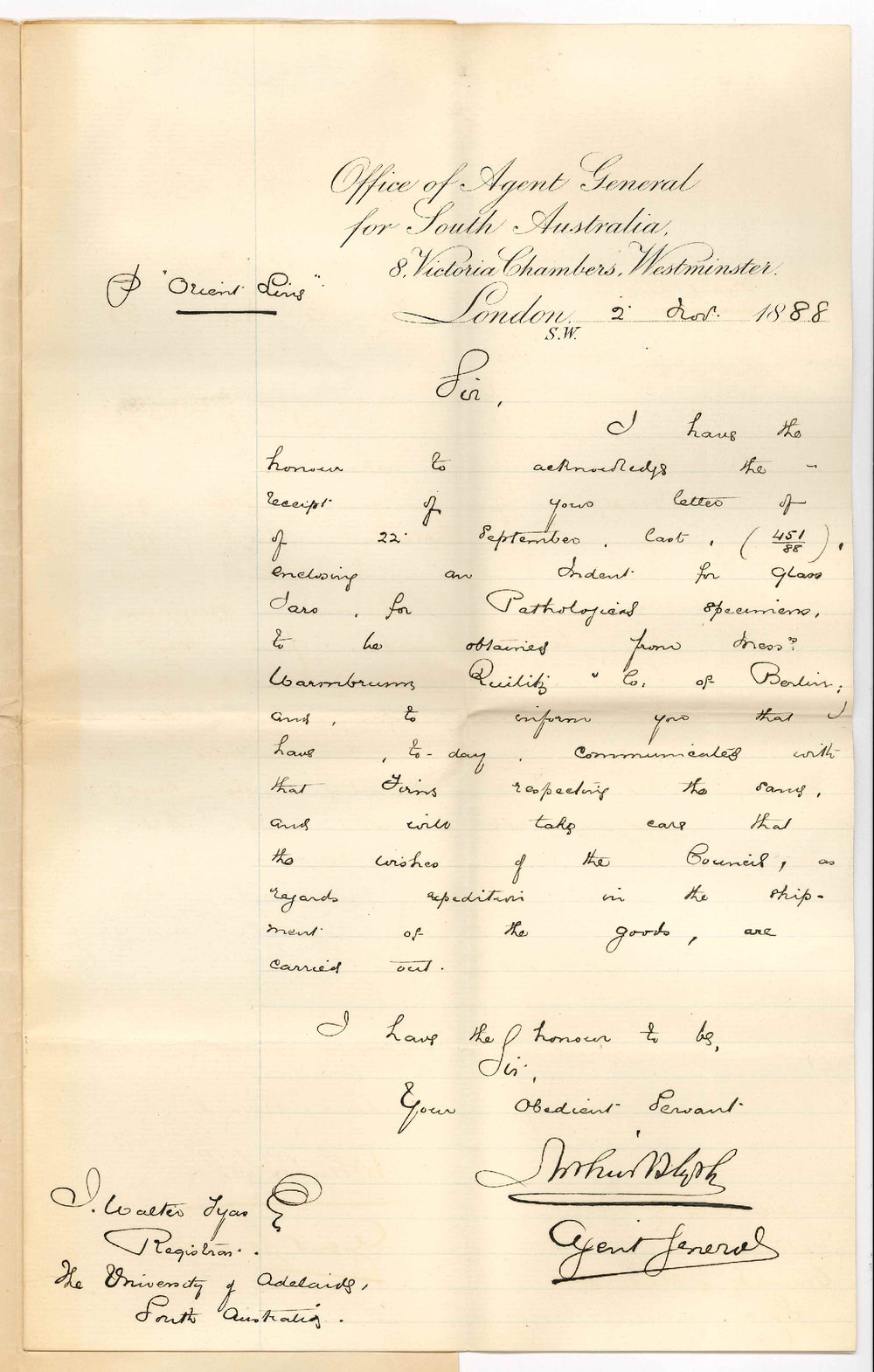 Arthur Blyth - Office of the Agent General for South Australia - London - Concerning Indent for Jars for Pathological Specimens