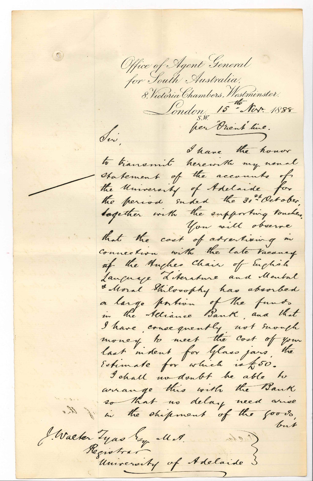 Arthur Blyth - Office of the Agent General for South Australia - London - Accounts etc for 1888 Advertising English Professorship
