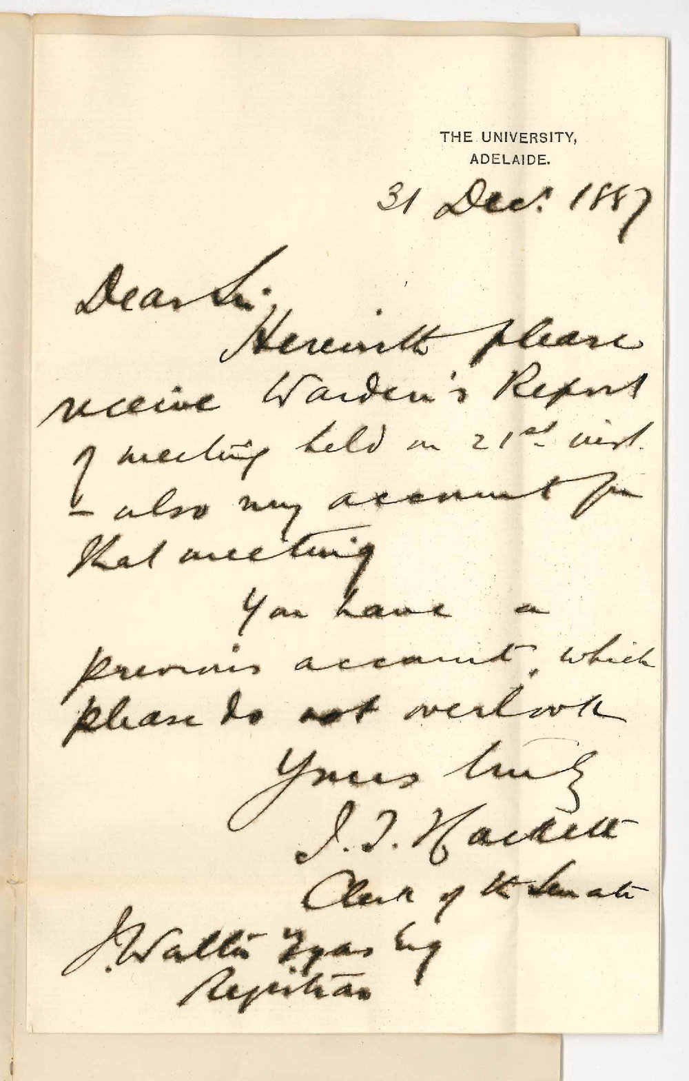 James Thompson Hackett - King William Street Adelaide - Warden of Senates Report