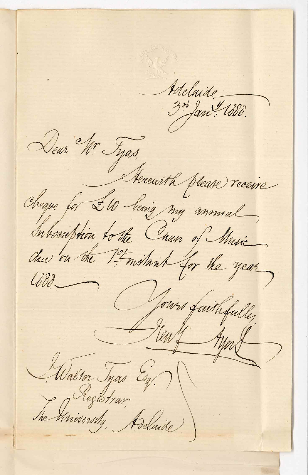 Sir Henry Ayers - North Terrace Adelaide - Subscription to Chair of Music for 1888