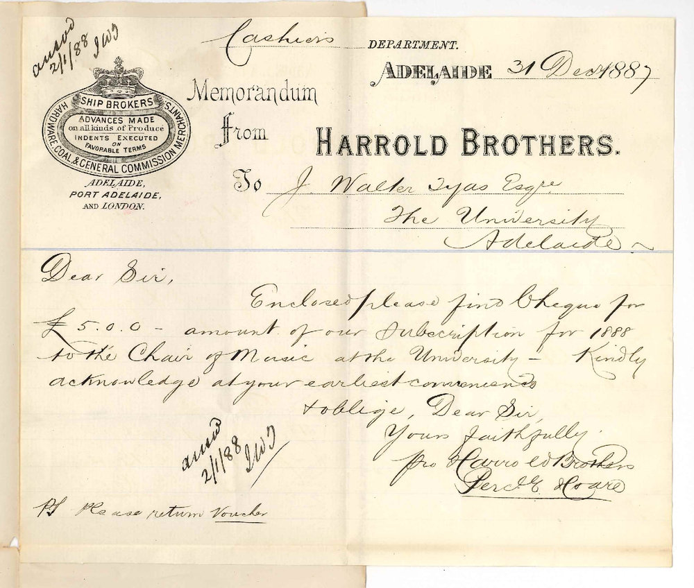 Harrold Brothers - Hindley Street Adelaide - Subscription to Chair of Music for 1888