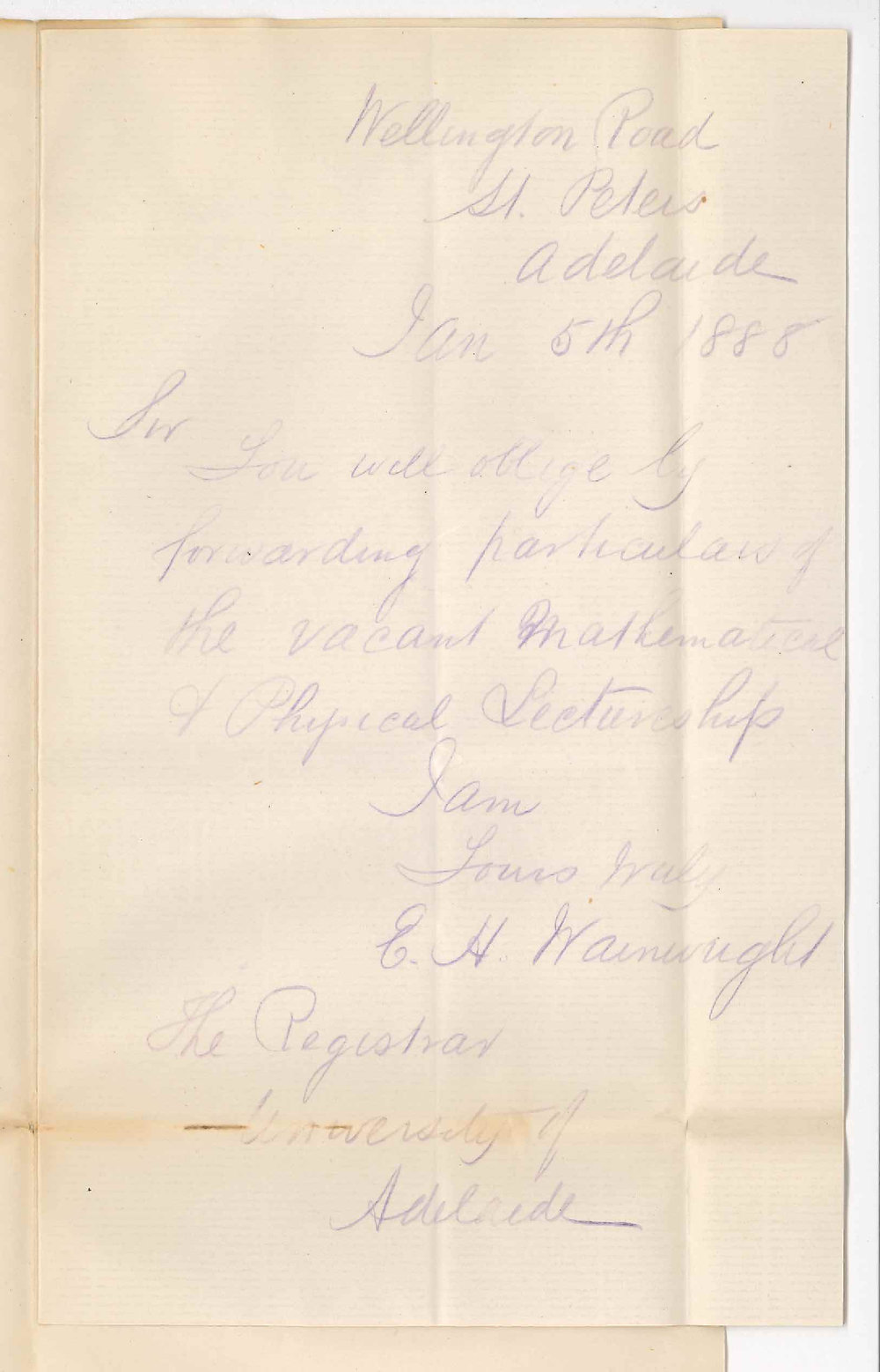 Edward Harley Wainwright - St Peters - Particulars Concerning the Assistant Mathematical Lectureship
