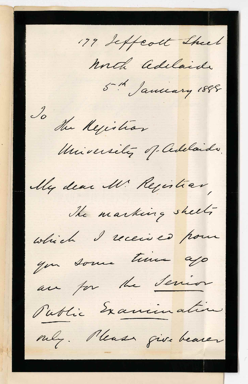 Professor Edward Vaughan Boulger - North Adelaide - Asking for Junior Examination Papers
