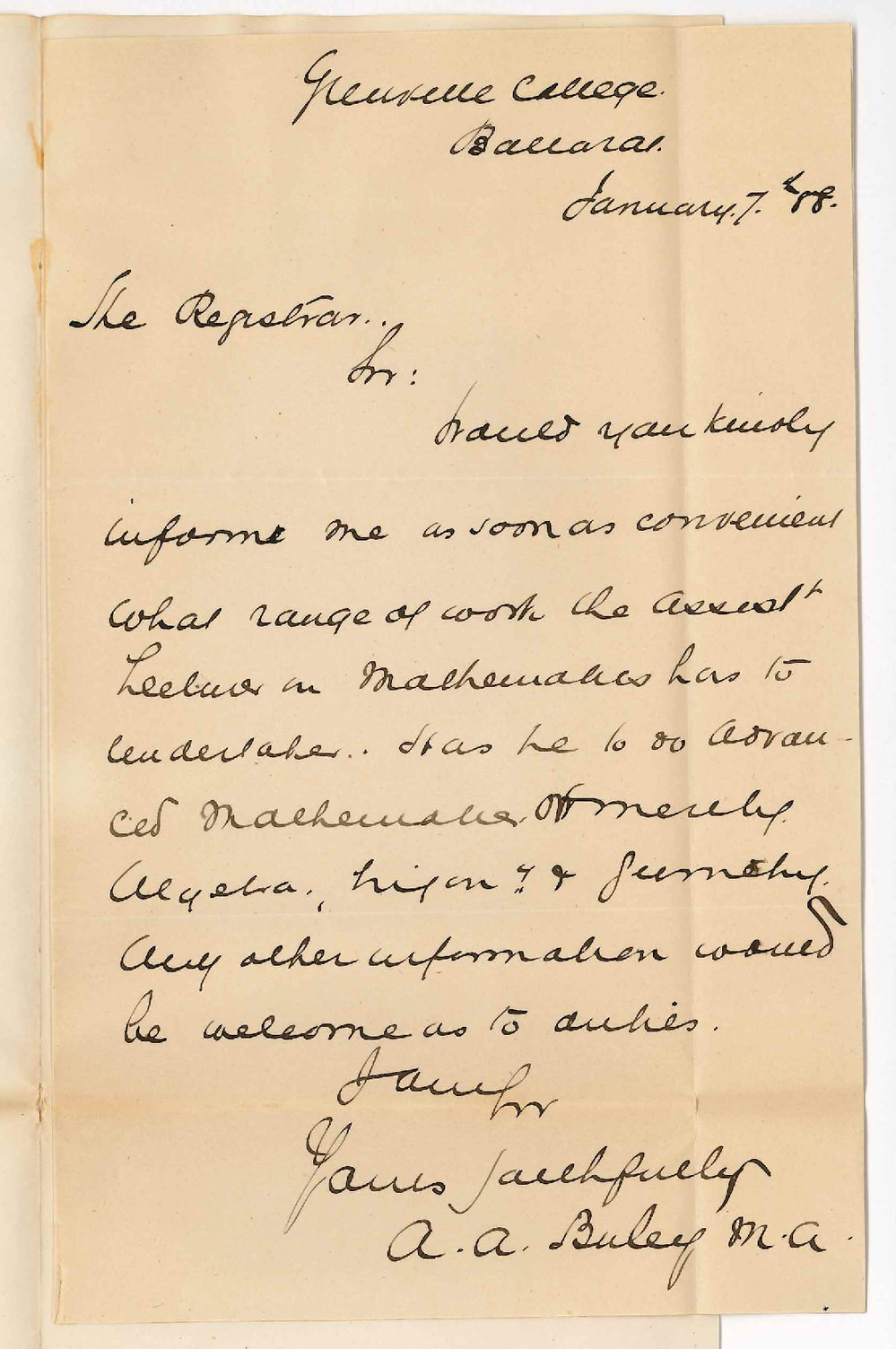 A A Buley - Ballarat - Particulars Concerning Duties of Assistant Mathematical Lecturer