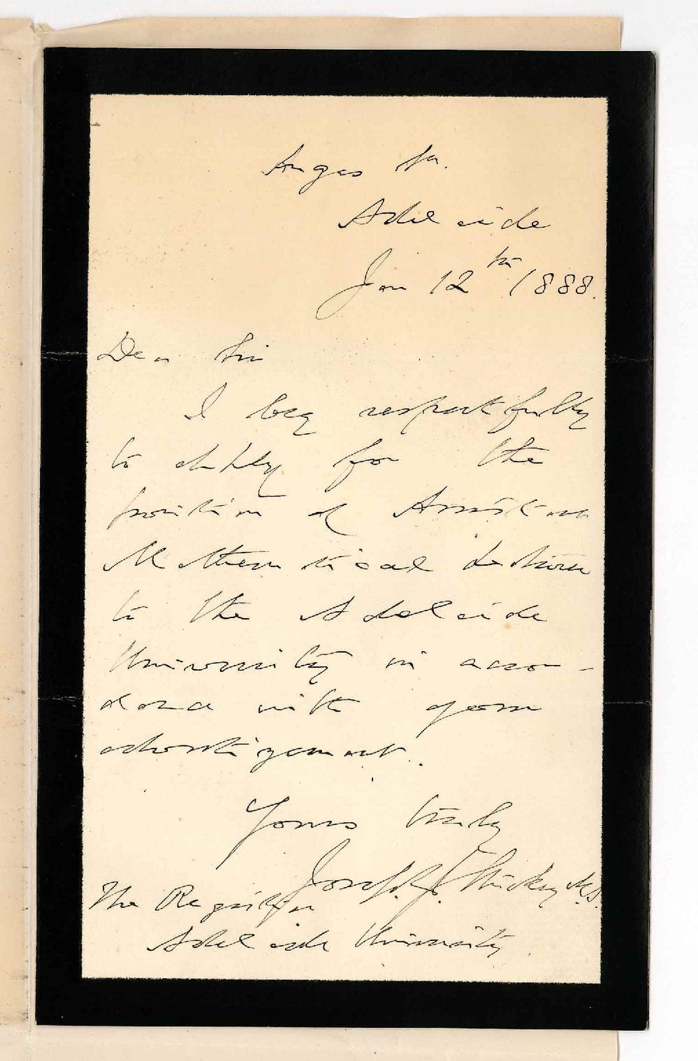 Joseph James Stuckey - Adelaide - Application for Appointment as Assistant Mathematical Lecturer