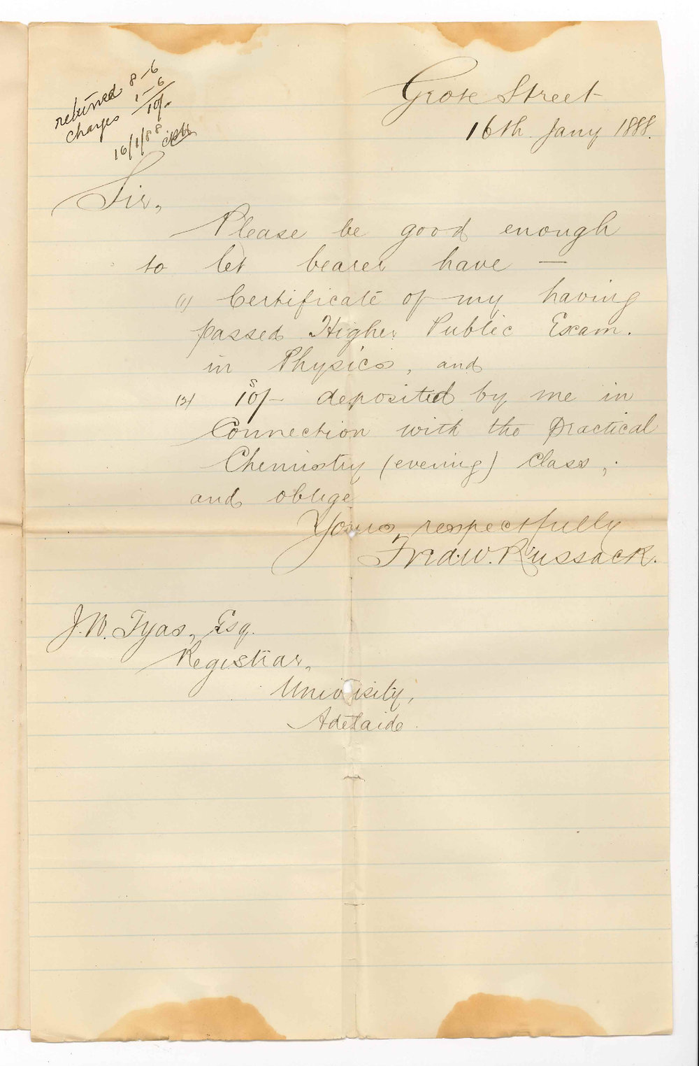 Frederick William Russack - Grote Street Adelaide - Certificate for Higher Public and Refund of Deposit Fee for Practical Chemistry