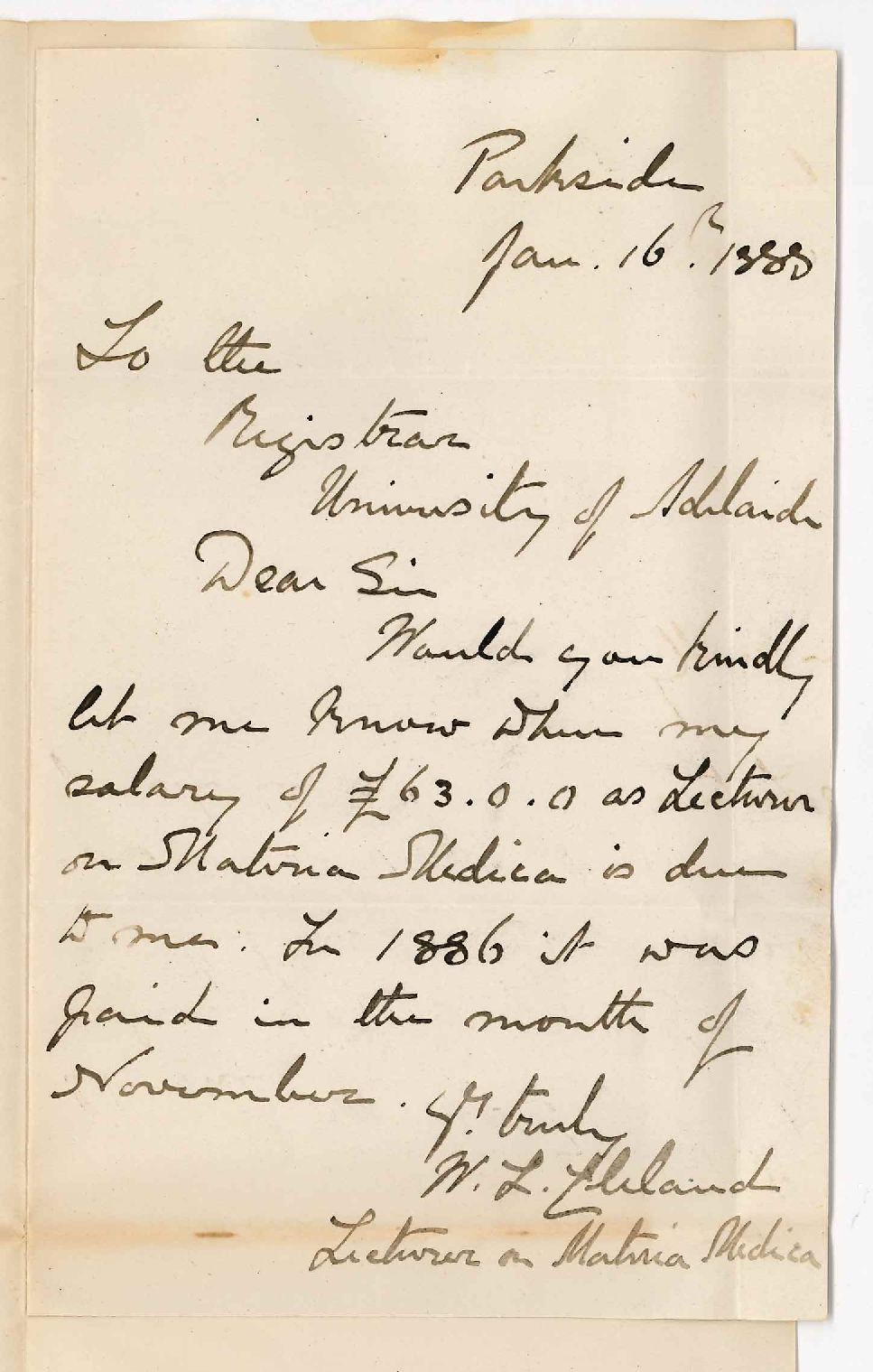 Dr William Lennox Cleland - Parkside - Concerning Payment of Salary