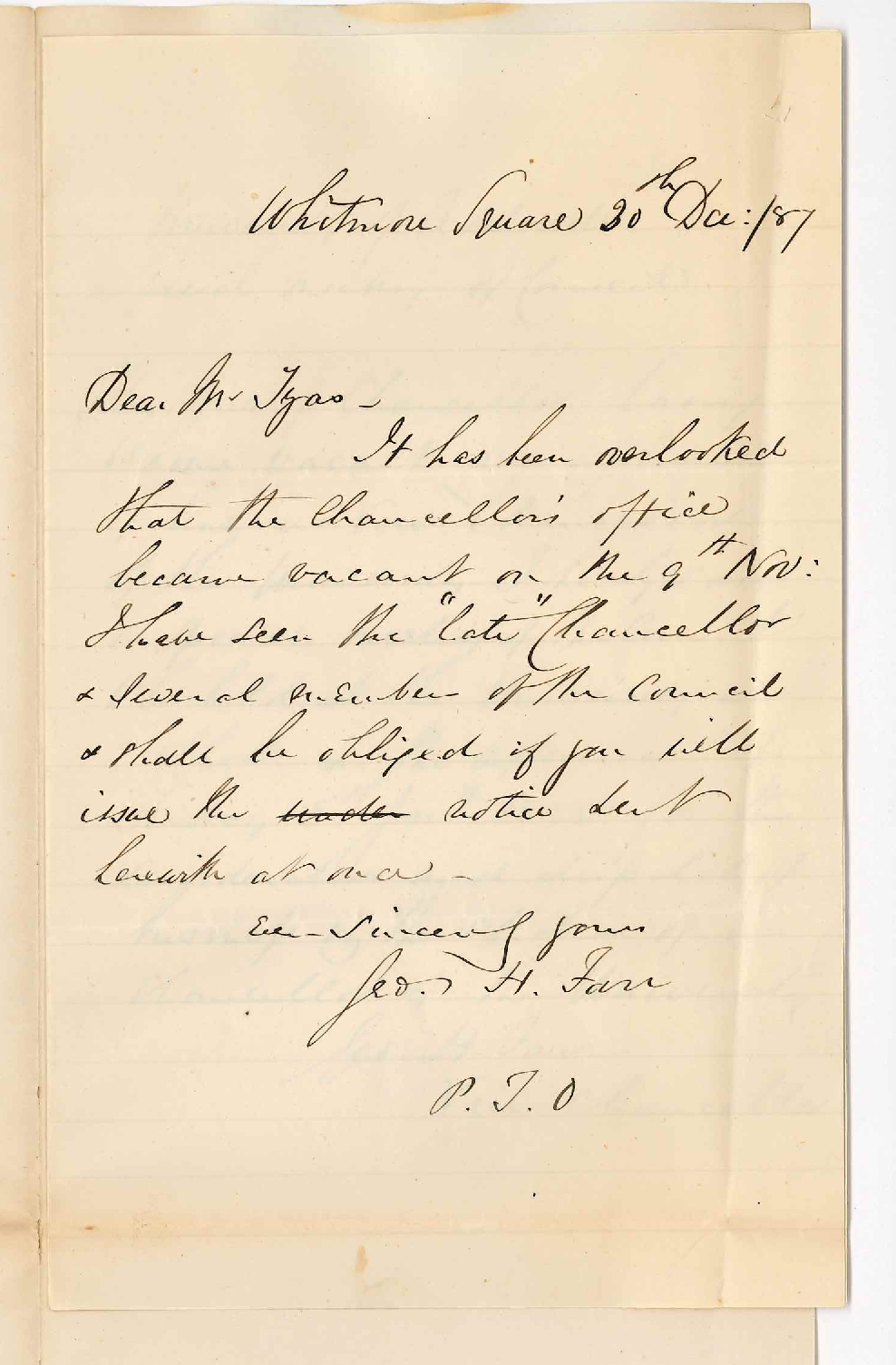 Archdeacon George Henry Farr - Vice-Chancellor - Whitmore Square Adelaide - Calling Special Meeting of Council for Election of Chancellor