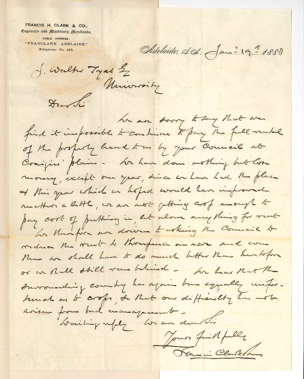 Francis H Clark and Co - Adelaide - Asking for Reduction of Rent