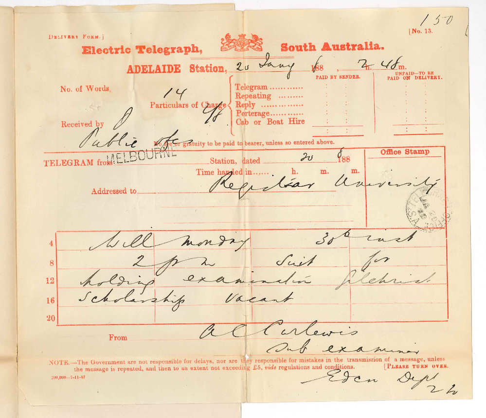 A C Carlewis - Melbourne - Date of Examination for Gilchrist Scholarship